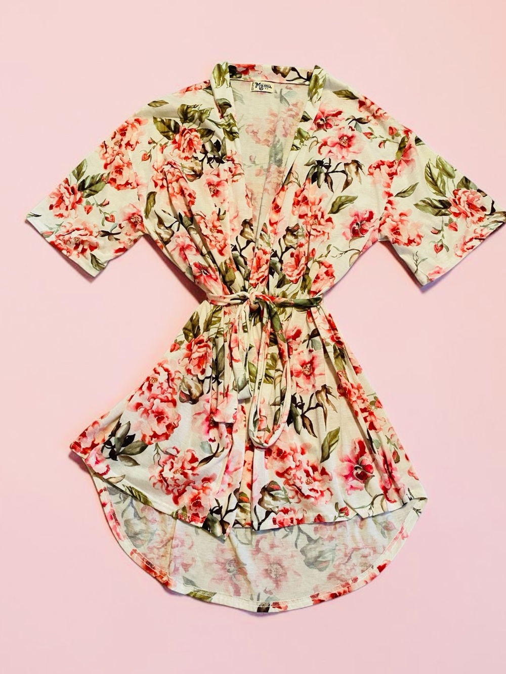 Show Me Your MuMu Cream Multi-Color Floral Short Sleeve Tie-Waist Robe, One Size - Picture 7 of 7